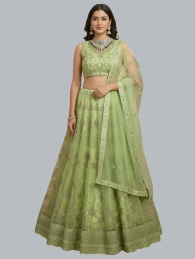 Fresh Parrot Green Net Party Wear Lehenga Choli